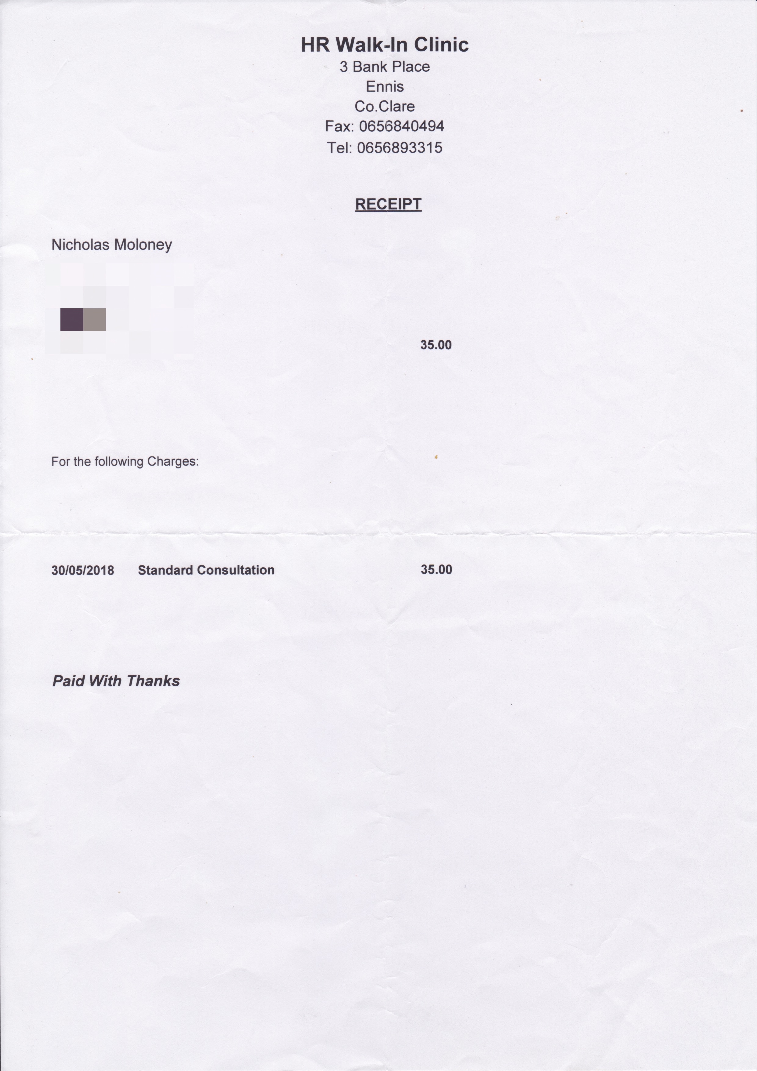 Preview of HR Walk-In Clinic Receipt — Standard Consultation