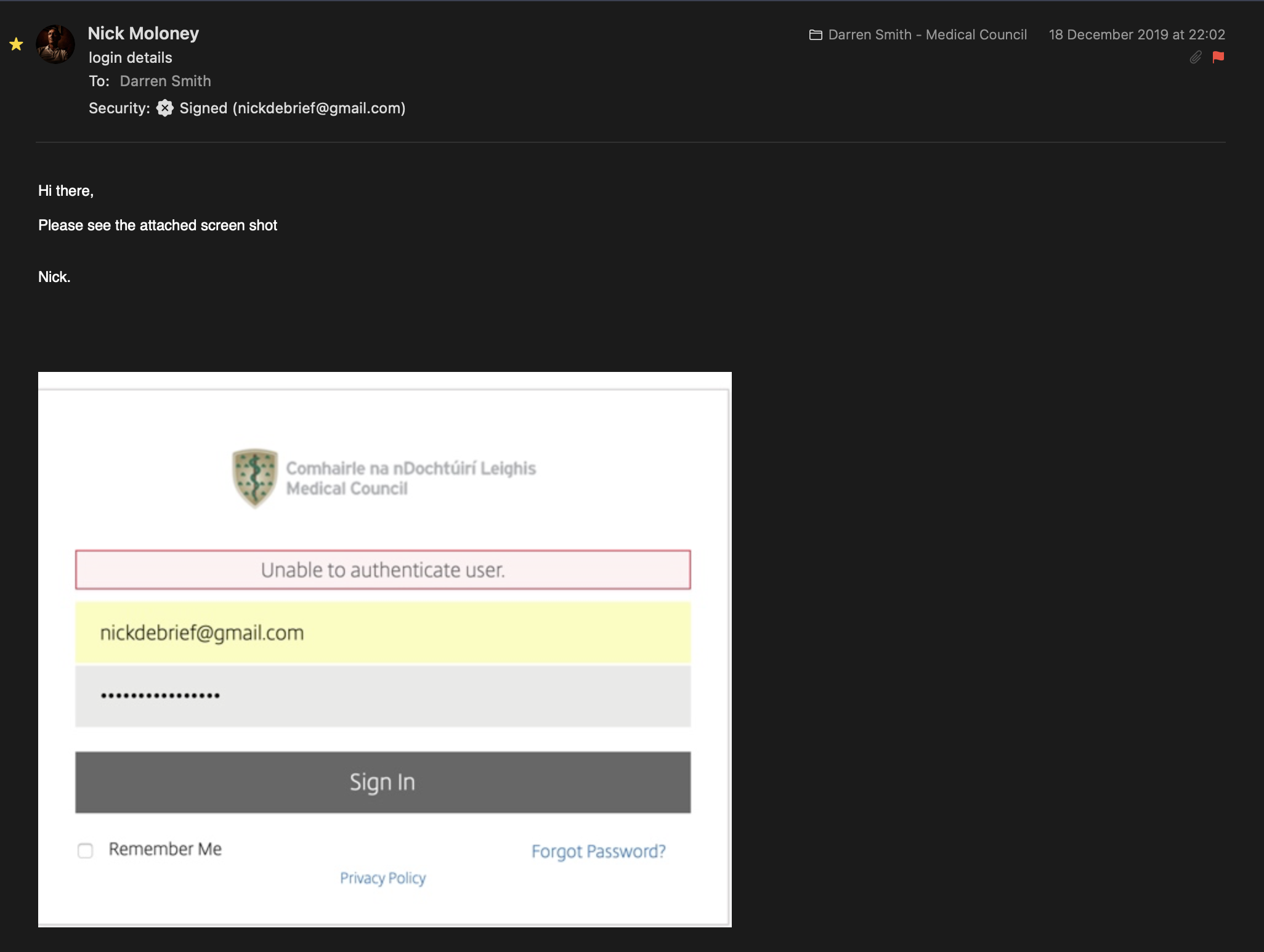 Preview of Email — Login Details / Authentication Error — Darren Smith — 18 December 2019