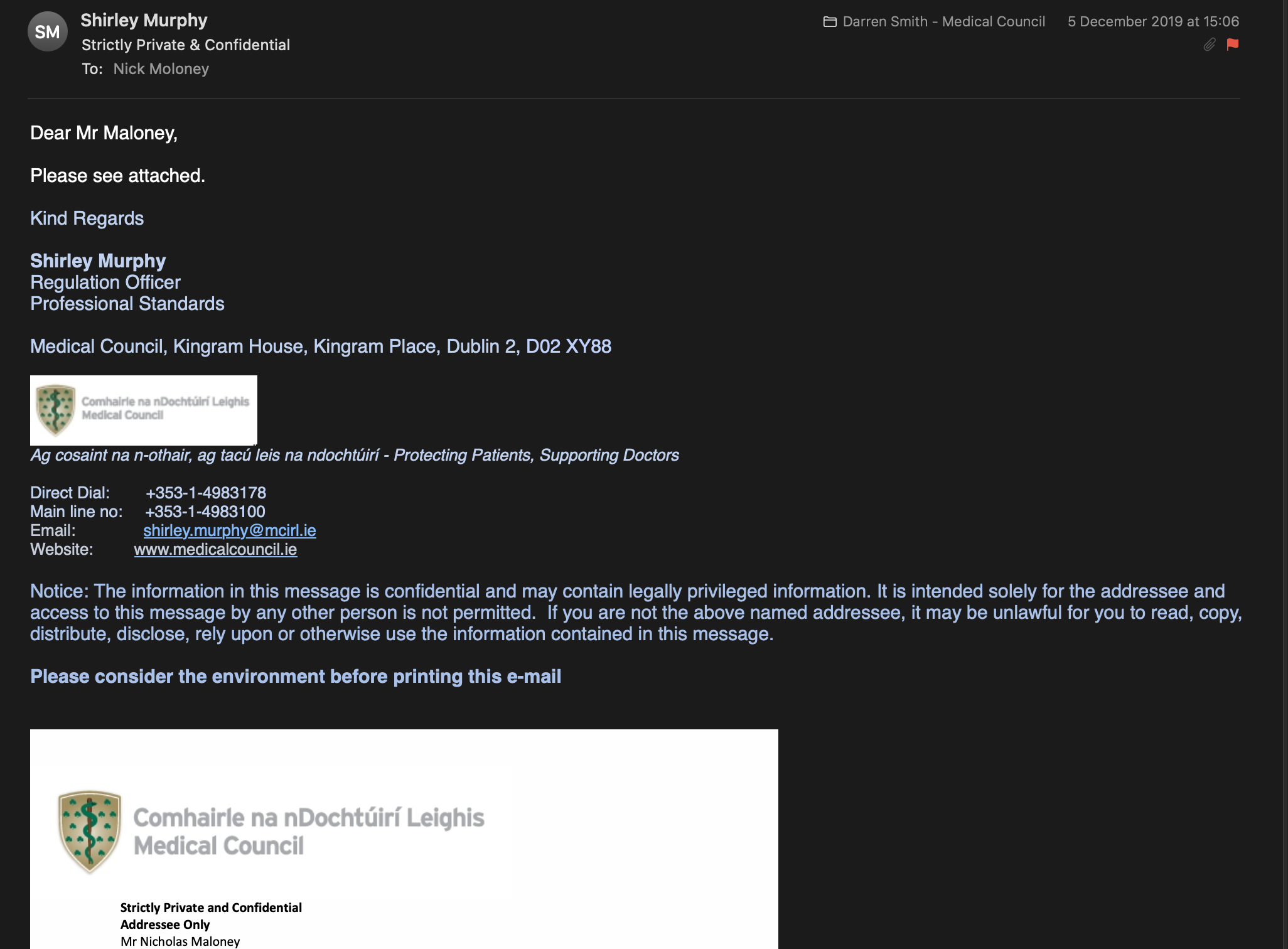 Preview of Email — Shirley Murphy — Please See Attached — 5 December 2019