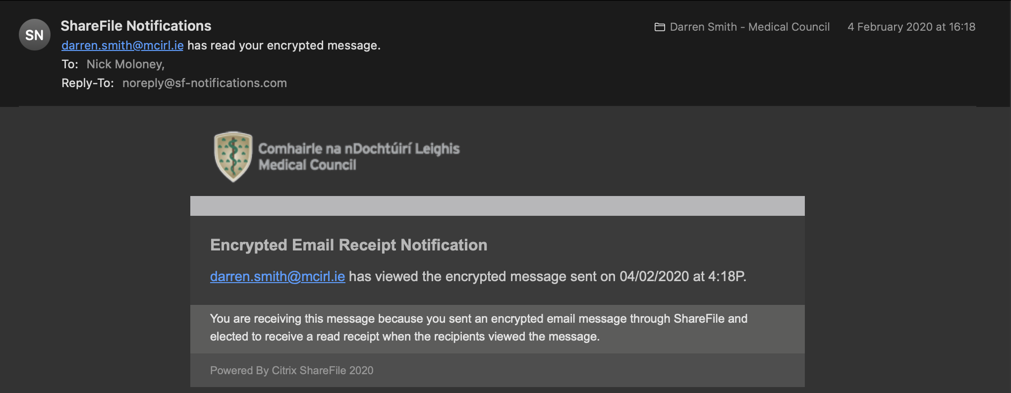 Preview of ShareFile Read Receipt Notification — Darren Smith Viewed Encrypted Message — 4 February 2020