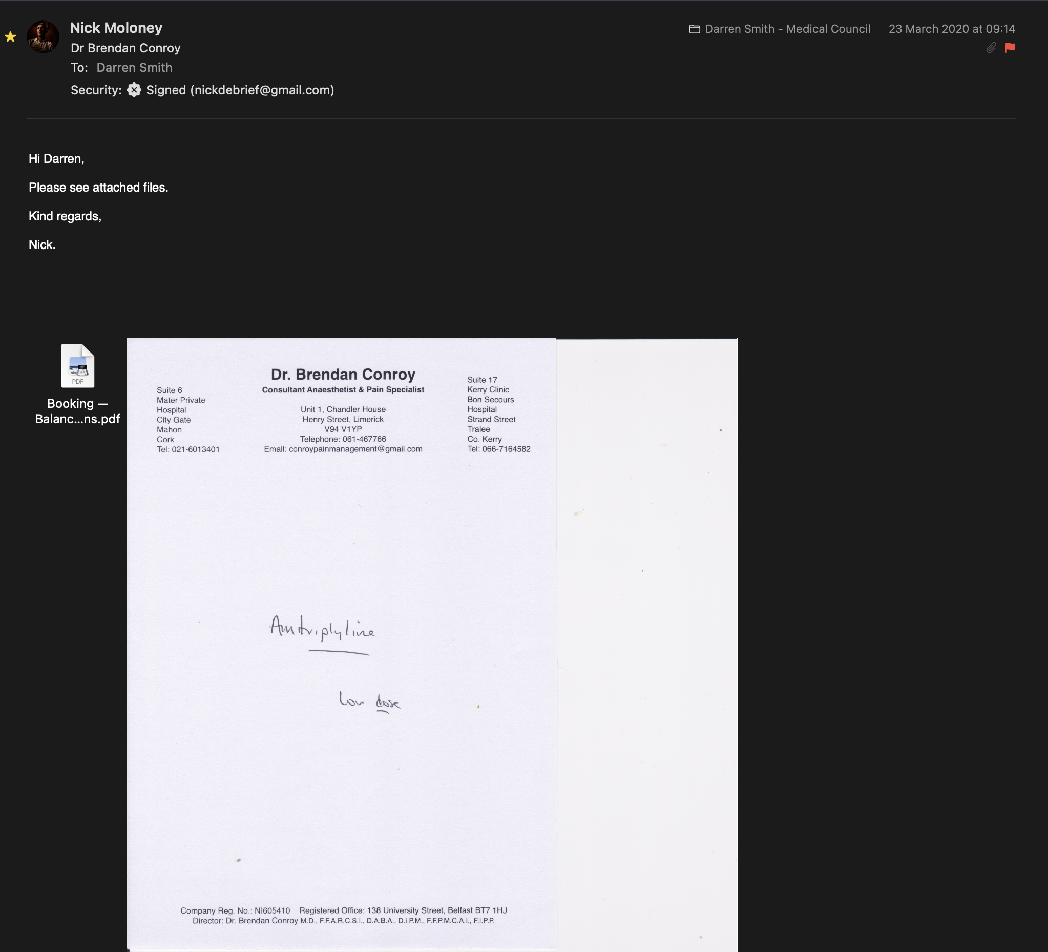 Preview of Signed Email to Medical Council of Ireland regarding Dr. Brendan Conroy