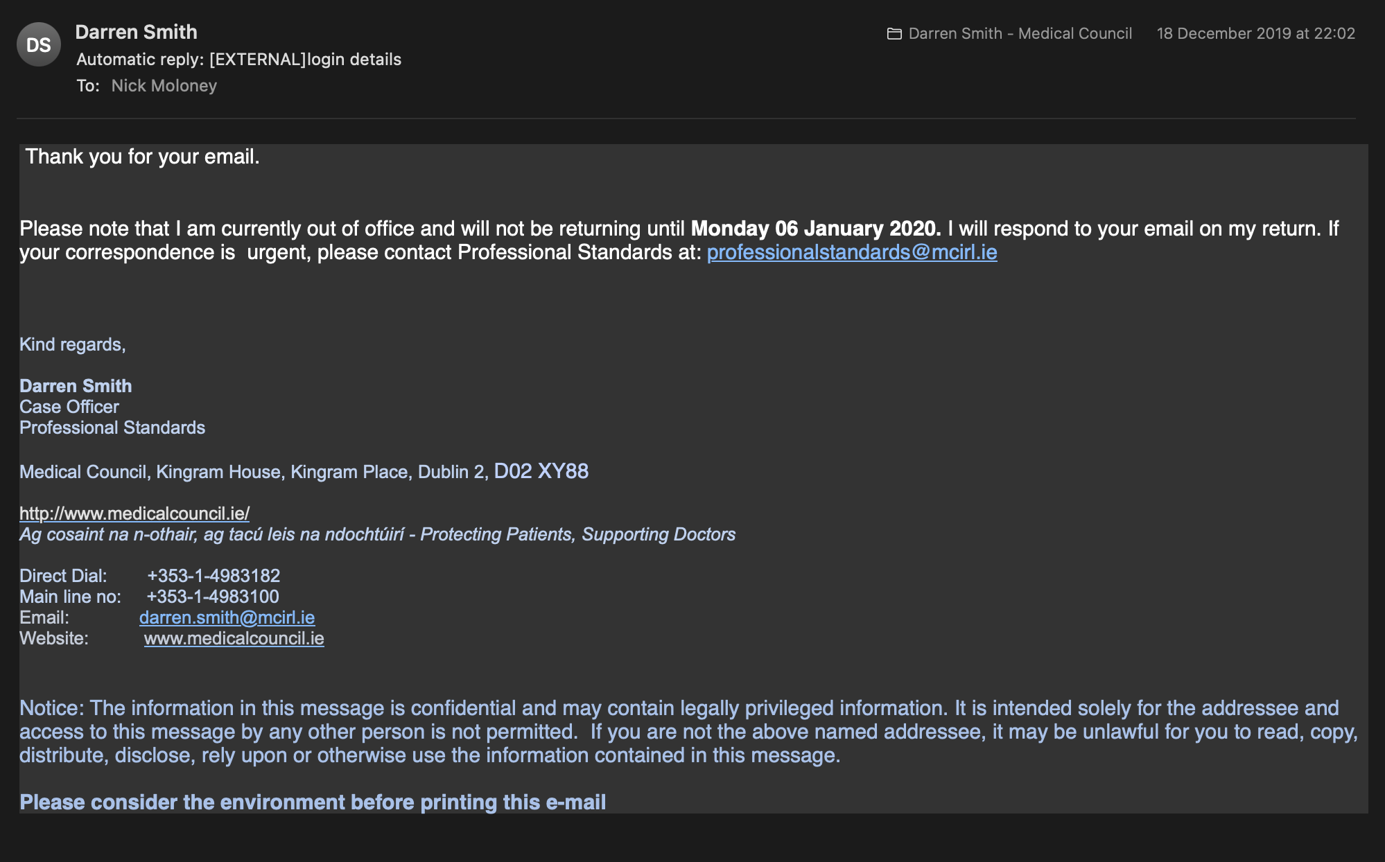 Preview of Email — Automatic Reply to Login Details — Darren Smith — 18 December 2019