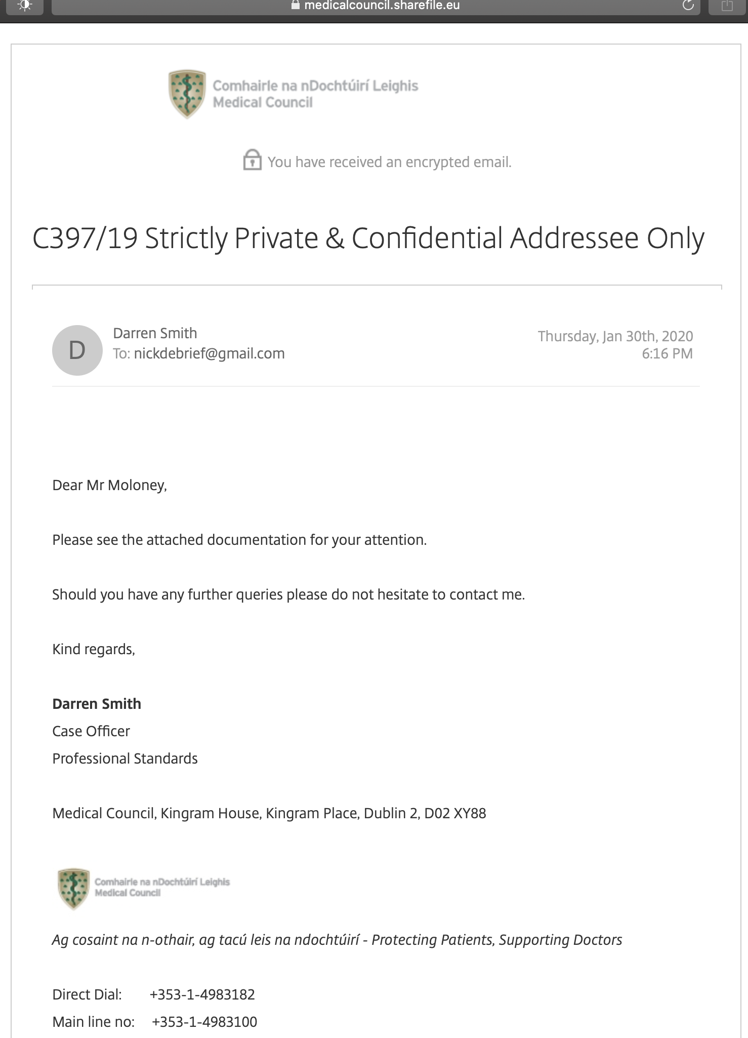 Preview of Email — Darren Smith — Covering Correspondence for Enclosed Documentation (C397/19) — 30 January 2020