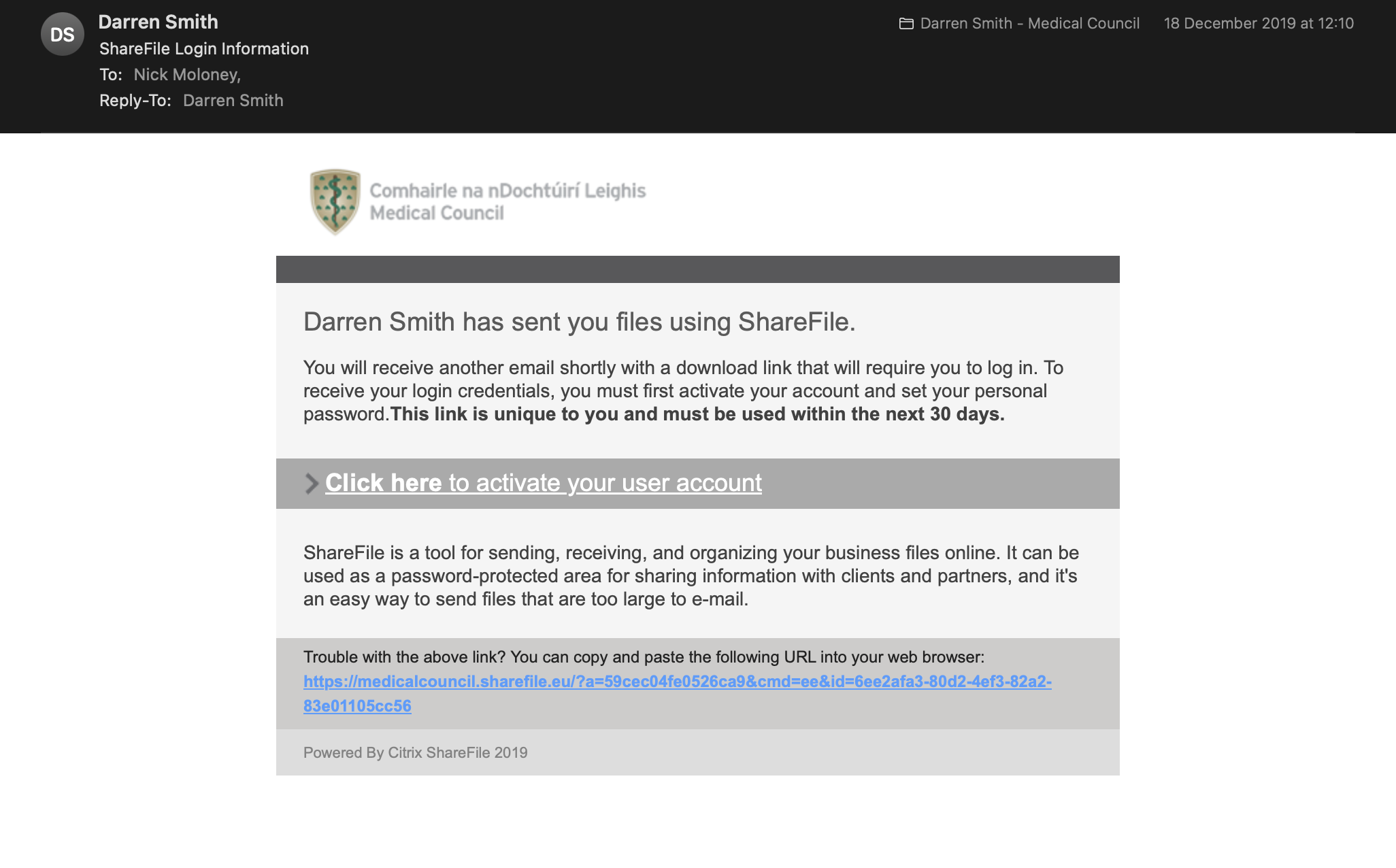 Preview of Email — Darren Smith — ShareFile Login Information — 18 December 2019